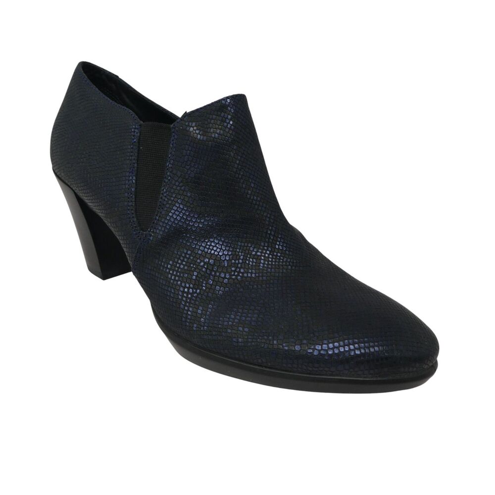 Ecco Plateau Stack Blue Snakeskin Print Leather Heeled‎ Ankle Boots Shooties